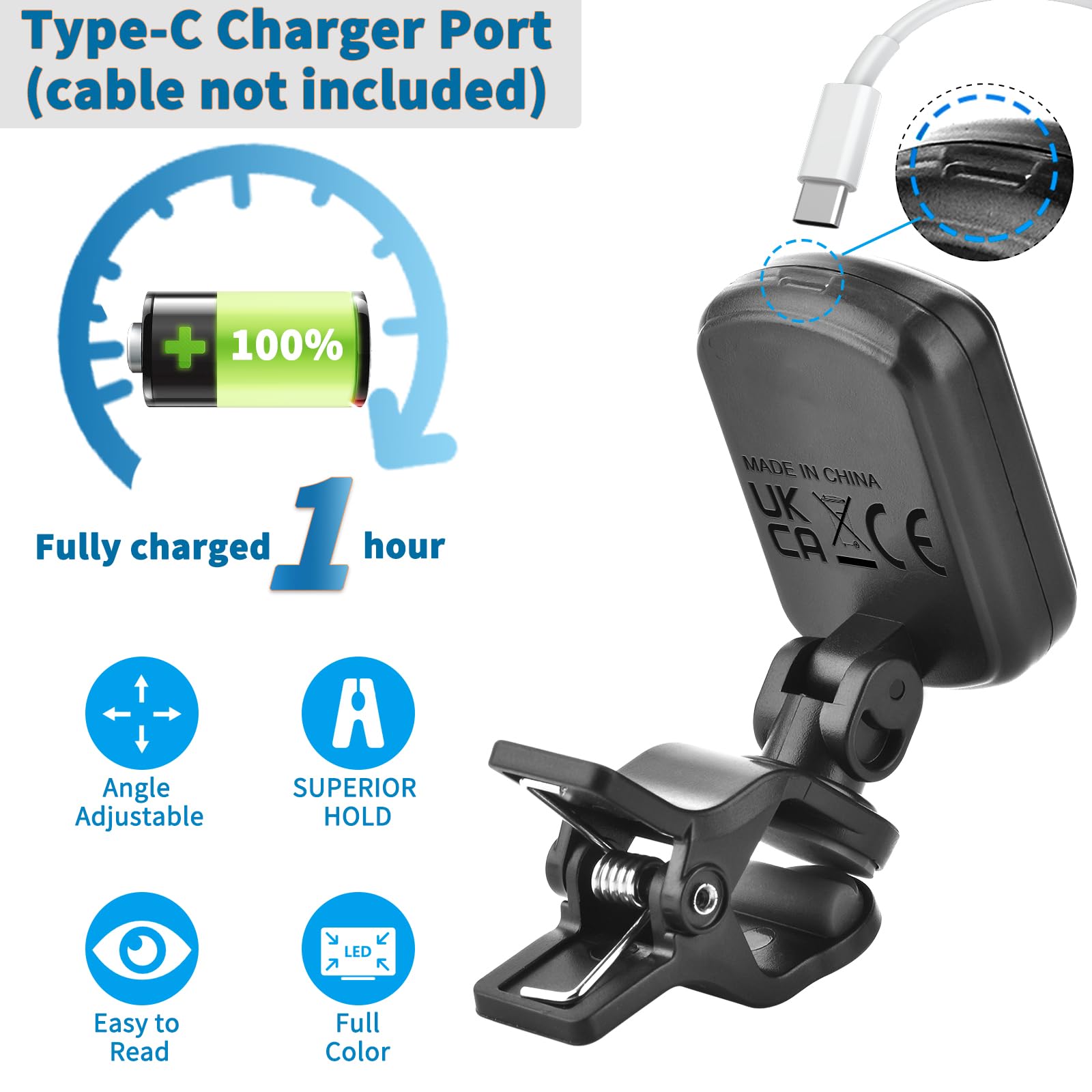 MOREYES Rechargeable Guitar Tuner Clip On with 28Pcs Guitar Picks, Guitar Tuner for Acoustic Guitar, Electric Guitar, Bass, Ukul